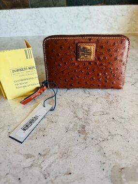 Dooney & Bourke Cognac Ostrich-Embossed Medium Zip Around Wallet Gold Plaque